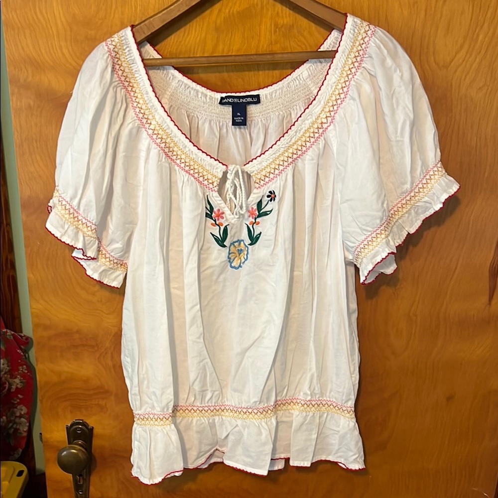 Bandolino Cream Smocked Ruffled Blouse